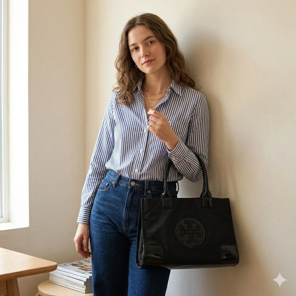 Tory Burch Ella‎ Tote Black Nylon Patent Trim Logo Shoulder Bag 11225